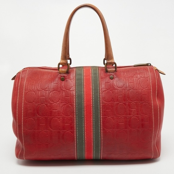 CH Carolina Herrera Red Monogram Leather Andy Boston Bag - Picture 8 of 17